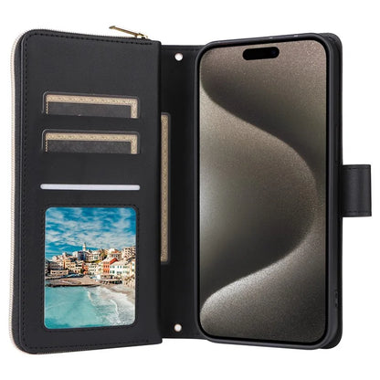 For iPhone 15 Pro Max Case PU Leather Zipper Handbag Purse Flip Phone Cover with Straps