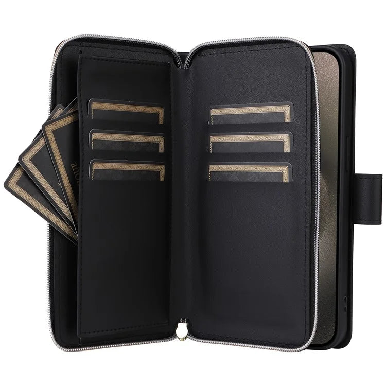 For iPhone 15 Pro Max Case PU Leather Zipper Handbag Purse Flip Phone Cover with Straps