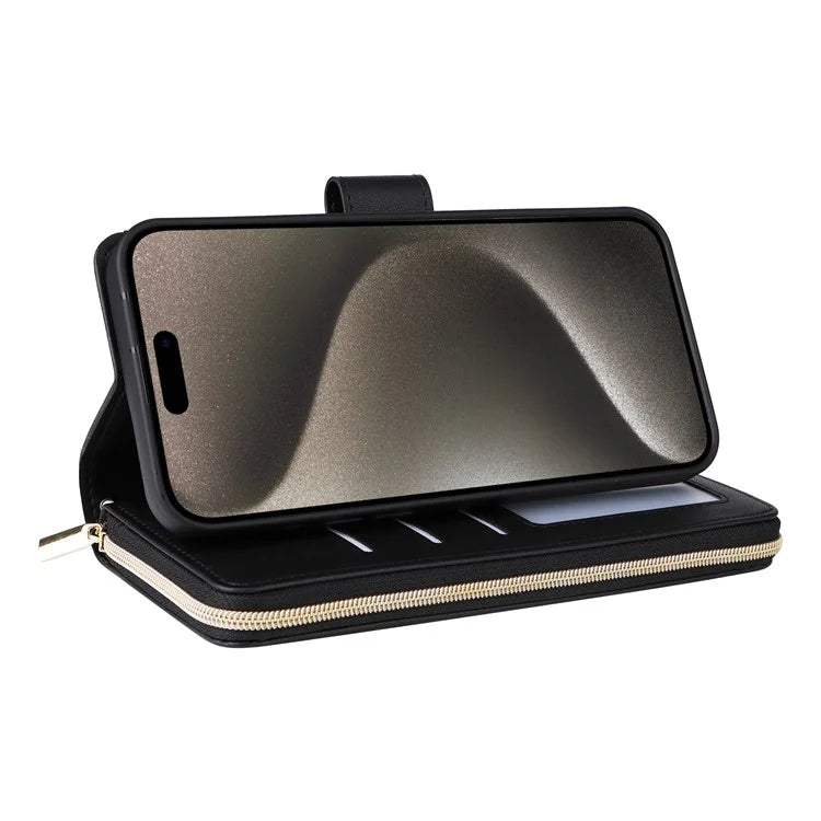For iPhone 15 Pro Max Case PU Leather Zipper Handbag Purse Flip Phone Cover with Straps