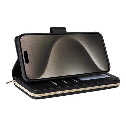 For iPhone 15 Pro Max Case PU Leather Zipper Handbag Purse Flip Phone Cover with Straps