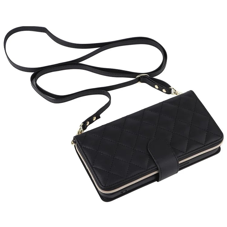 For iPhone 15 Pro Max Case PU Leather Zipper Handbag Purse Flip Phone Cover with Straps