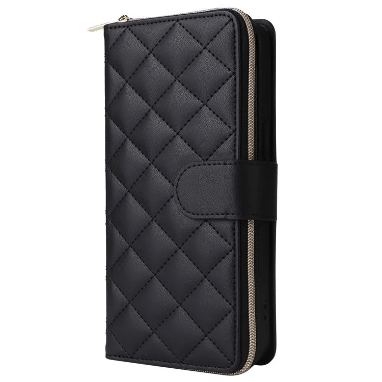 For iPhone 15 Pro Max Case PU Leather Zipper Handbag Purse Flip Phone Cover with Straps