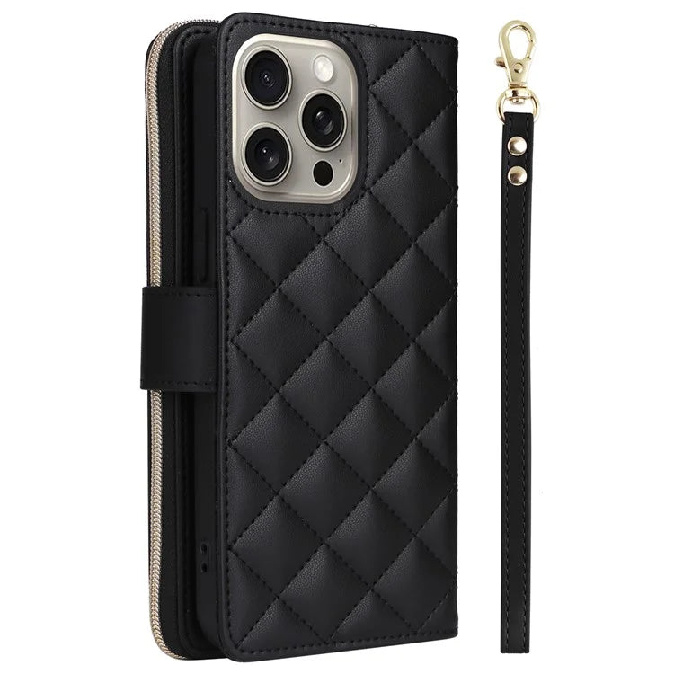 For iPhone 15 Pro Max Case PU Leather Zipper Handbag Purse Flip Phone Cover with Straps