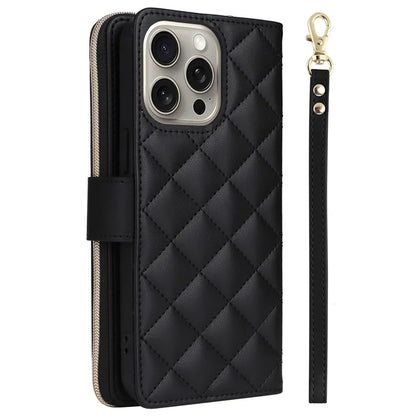 For iPhone 15 Pro Max Case PU Leather Zipper Handbag Purse Flip Phone Cover with Straps