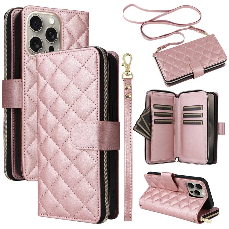 For iPhone 15 Pro Max Case PU Leather Zipper Handbag Purse Flip Phone Cover with Straps