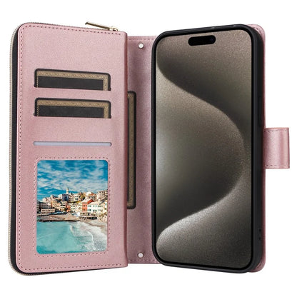 For iPhone 15 Pro Max Case PU Leather Zipper Handbag Purse Flip Phone Cover with Straps