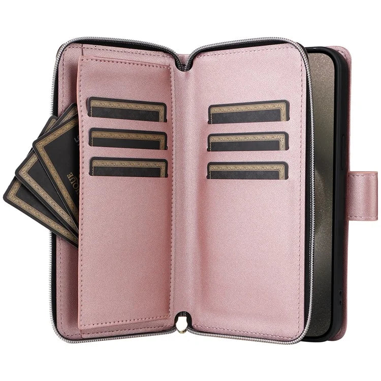 For iPhone 15 Pro Max Case PU Leather Zipper Handbag Purse Flip Phone Cover with Straps