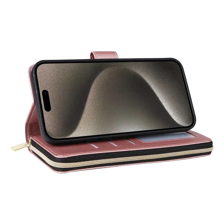 For iPhone 15 Pro Max Case PU Leather Zipper Handbag Purse Flip Phone Cover with Straps