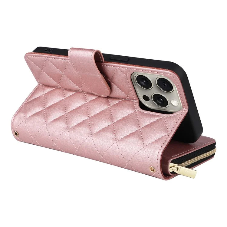 For iPhone 15 Pro Max Case PU Leather Zipper Handbag Purse Flip Phone Cover with Straps