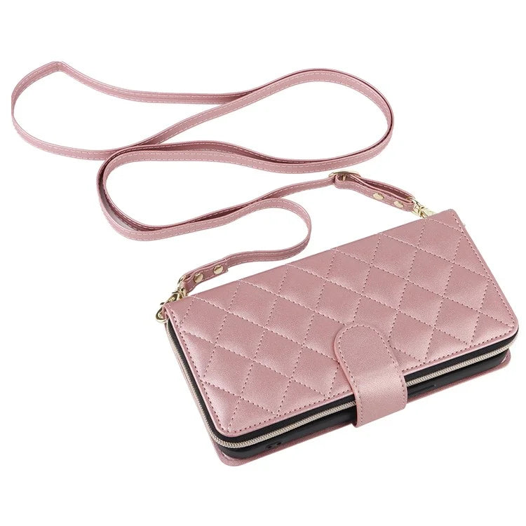 For iPhone 15 Pro Max Case PU Leather Zipper Handbag Purse Flip Phone Cover with Straps
