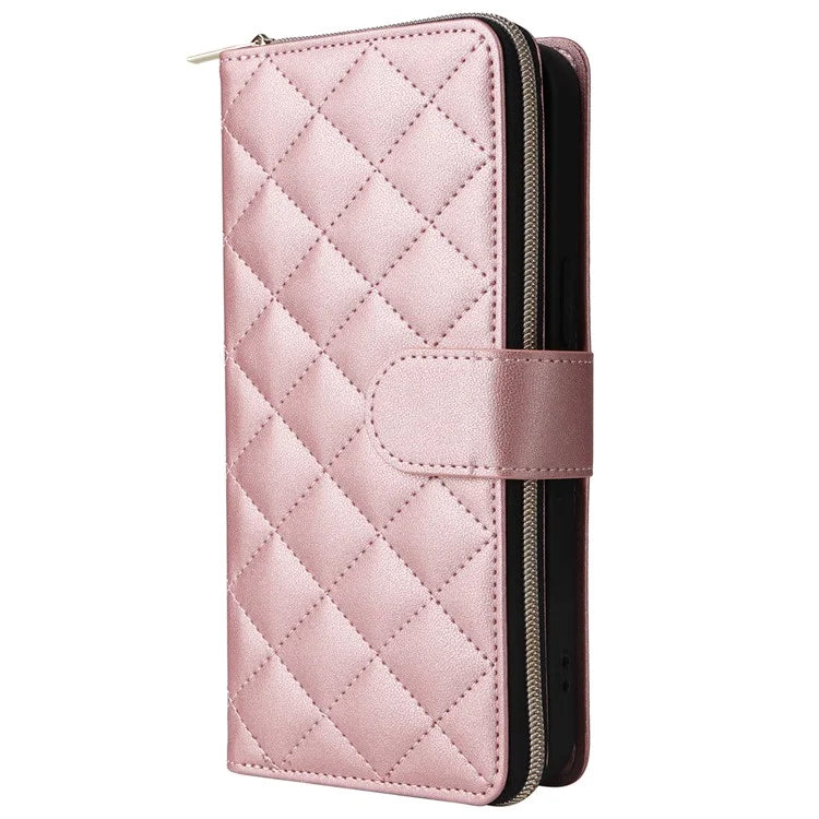 For iPhone 15 Pro Max Case PU Leather Zipper Handbag Purse Flip Phone Cover with Straps