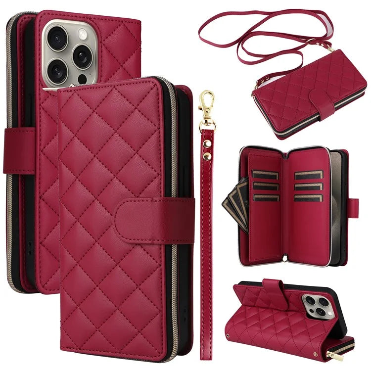 For iPhone 15 Pro Max Case PU Leather Zipper Handbag Purse Flip Phone Cover with Straps