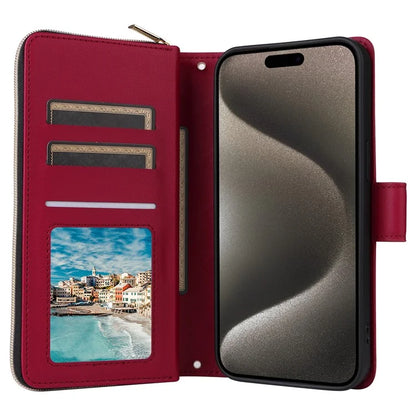 For iPhone 15 Pro Max Case PU Leather Zipper Handbag Purse Flip Phone Cover with Straps