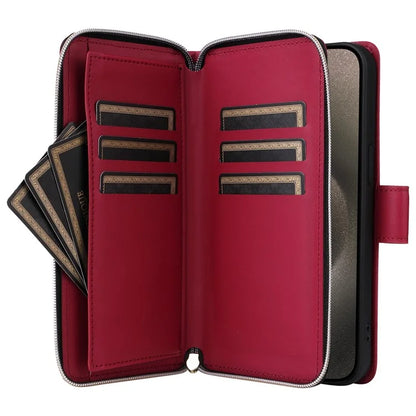 For iPhone 15 Pro Max Case PU Leather Zipper Handbag Purse Flip Phone Cover with Straps