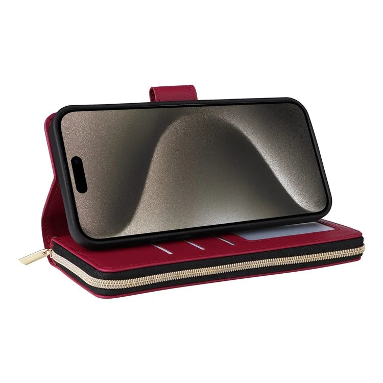For iPhone 15 Pro Max Case PU Leather Zipper Handbag Purse Flip Phone Cover with Straps