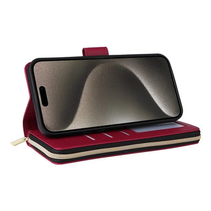 For iPhone 15 Pro Max Case PU Leather Zipper Handbag Purse Flip Phone Cover with Straps