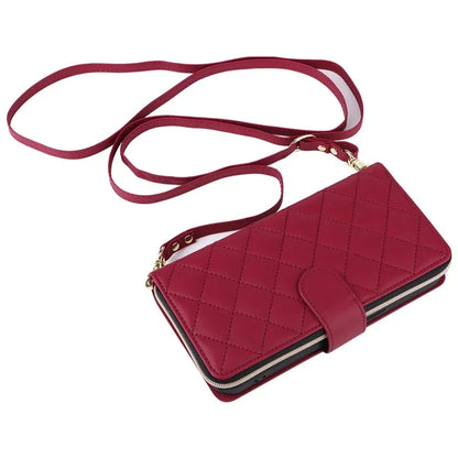 For iPhone 15 Pro Max Case PU Leather Zipper Handbag Purse Flip Phone Cover with Straps
