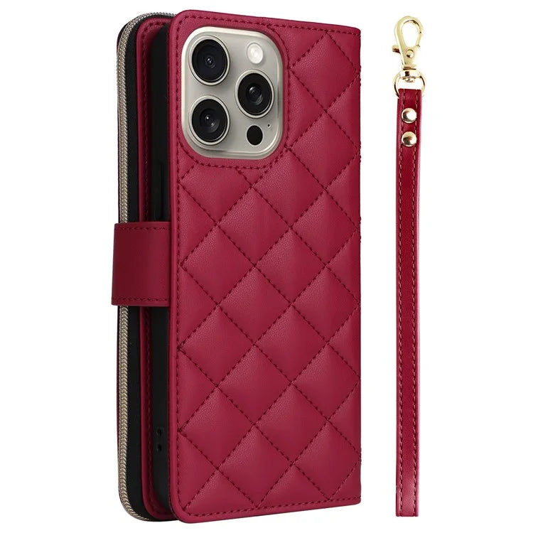 For iPhone 15 Pro Max Case PU Leather Zipper Handbag Purse Flip Phone Cover with Straps