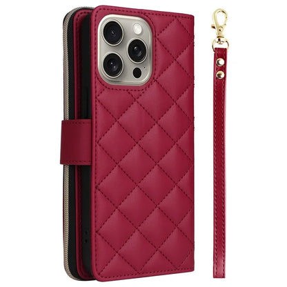 For iPhone 15 Pro Max Case PU Leather Zipper Handbag Purse Flip Phone Cover with Straps