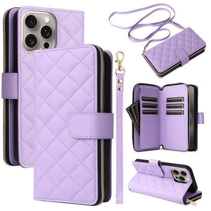 For iPhone 15 Pro Max Case PU Leather Zipper Handbag Purse Flip Phone Cover with Straps