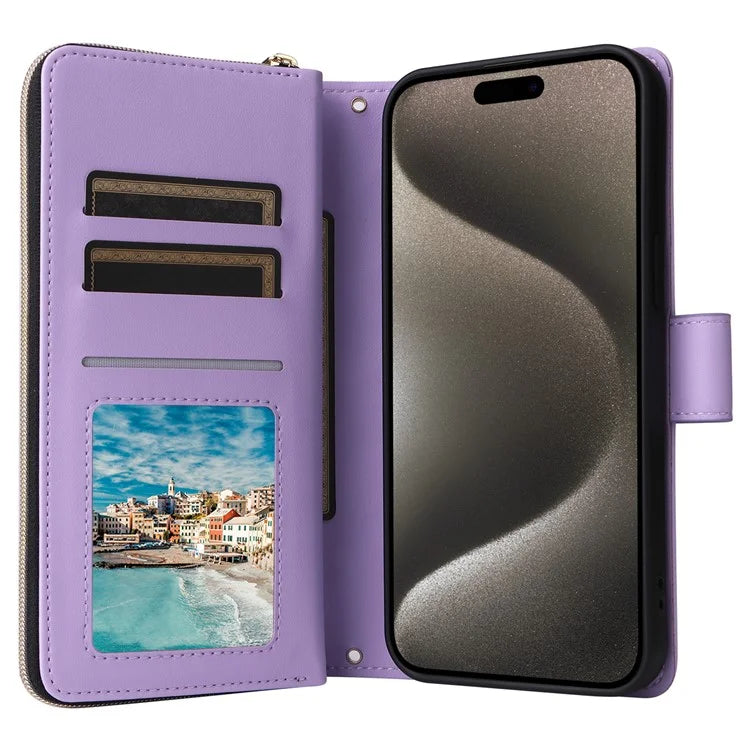 For iPhone 15 Pro Max Case PU Leather Zipper Handbag Purse Flip Phone Cover with Straps