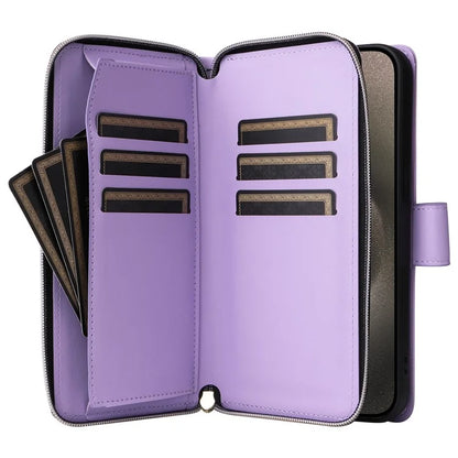For iPhone 15 Pro Max Case PU Leather Zipper Handbag Purse Flip Phone Cover with Straps