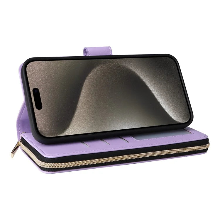 For iPhone 15 Pro Max Case PU Leather Zipper Handbag Purse Flip Phone Cover with Straps