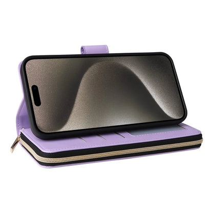 For iPhone 15 Pro Max Case PU Leather Zipper Handbag Purse Flip Phone Cover with Straps