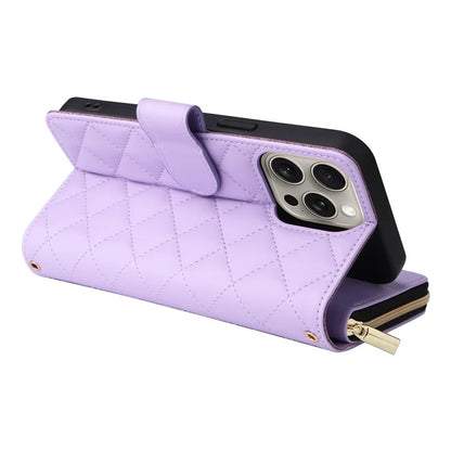 For iPhone 15 Pro Max Case PU Leather Zipper Handbag Purse Flip Phone Cover with Straps