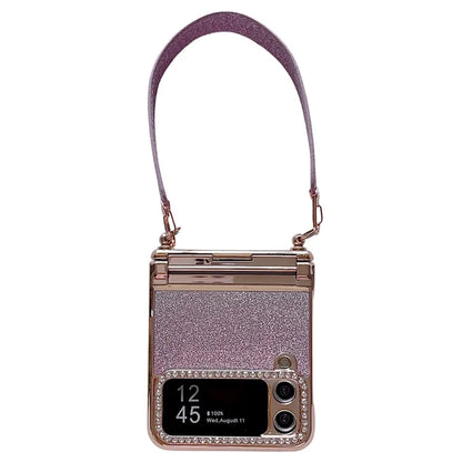 For Samsung Galaxy Z Flip3 5G / Flip4 5G Case Hinge Protection Glitter Hard PC Phone Cover with Strap