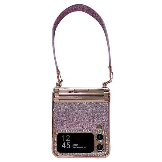 For Samsung Galaxy Z Flip3 5G / Flip4 5G Case Hinge Protection Glitter Hard PC Phone Cover with Strap