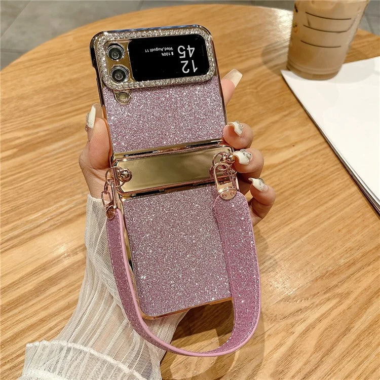 For Samsung Galaxy Z Flip3 5G / Flip4 5G Case Hinge Protection Glitter Hard PC Phone Cover with Strap
