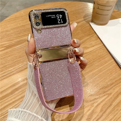 For Samsung Galaxy Z Flip3 5G / Flip4 5G Case Hinge Protection Glitter Hard PC Phone Cover with Strap