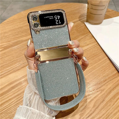 For Samsung Galaxy Z Flip3 5G / Flip4 5G Case Hinge Protection Glitter Hard PC Phone Cover with Strap