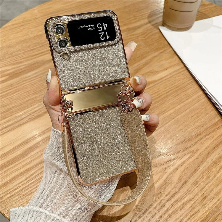 For Samsung Galaxy Z Flip3 5G / Flip4 5G Case Hinge Protection Glitter Hard PC Phone Cover with Strap