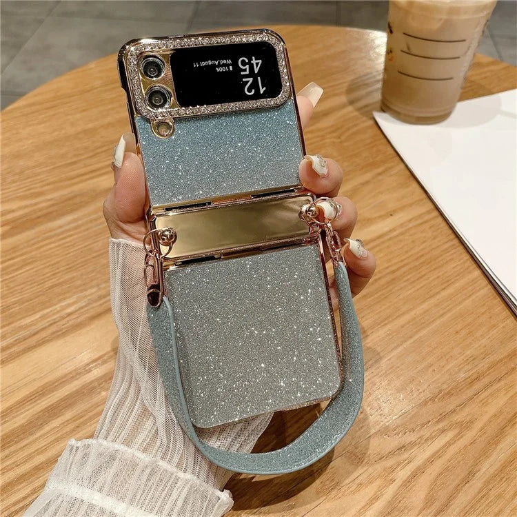 For Samsung Galaxy Z Flip3 5G / Flip4 5G Case Hinge Protection Glitter Hard PC Phone Cover with Strap