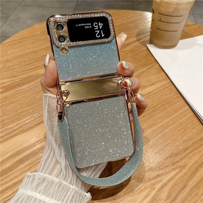 For Samsung Galaxy Z Flip3 5G / Flip4 5G Case Hinge Protection Glitter Hard PC Phone Cover with Strap