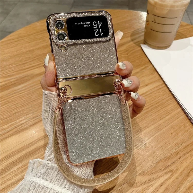 For Samsung Galaxy Z Flip3 5G / Flip4 5G Case Hinge Protection Glitter Hard PC Phone Cover with Strap
