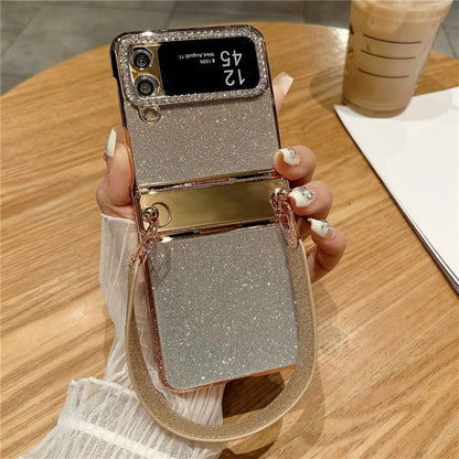 For Samsung Galaxy Z Flip3 5G / Flip4 5G Case Hinge Protection Glitter Hard PC Phone Cover with Strap