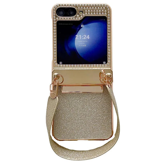 For Samsung Galaxy Z Flip5 5G / Z Flip6 5G Case Hinge Protection Hard PC Glitter Phone Cover with Wrist Strap