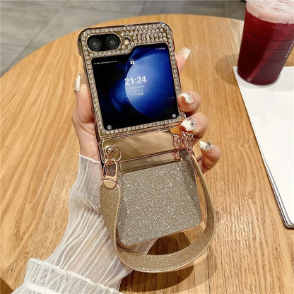 For Samsung Galaxy Z Flip5 5G / Z Flip6 5G Case Hinge Protection Hard PC Glitter Phone Cover with Wrist Strap