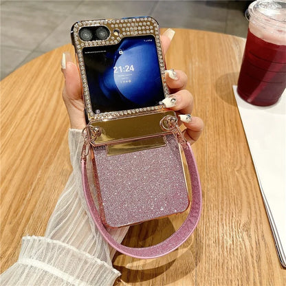 For Samsung Galaxy Z Flip5 5G / Z Flip6 5G Case Hinge Protection Hard PC Glitter Phone Cover with Wrist Strap