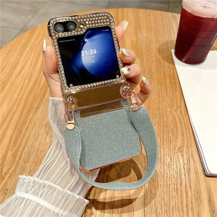 For Samsung Galaxy Z Flip5 5G / Z Flip6 5G Case Hinge Protection Hard PC Glitter Phone Cover with Wrist Strap