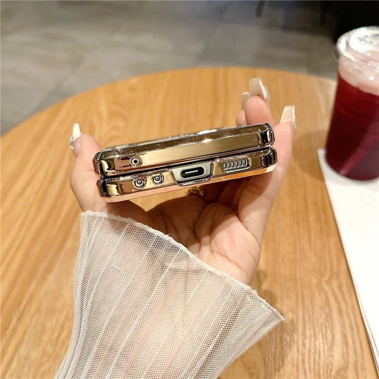 For Samsung Galaxy Z Flip5 5G / Z Flip6 5G Case Hinge Protection Hard PC Glitter Phone Cover with Wrist Strap
