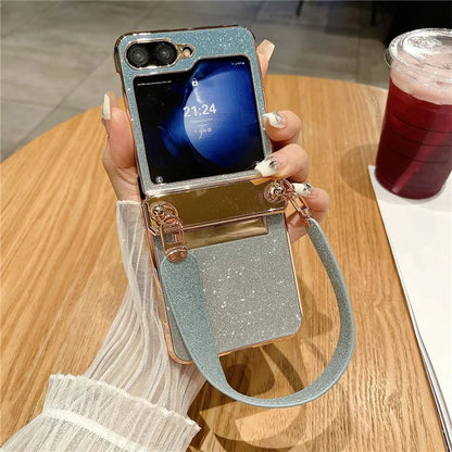 For Samsung Galaxy Z Flip5 5G / Z Flip6 5G Case Hinge Protection Hard PC Glitter Phone Cover with Wrist Strap