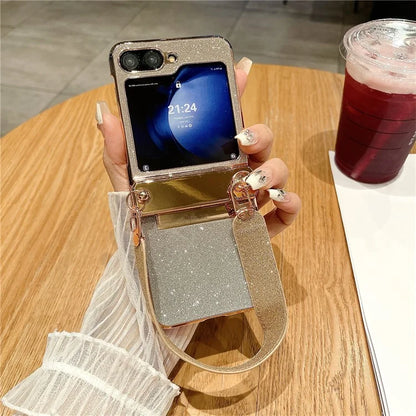 For Samsung Galaxy Z Flip5 5G / Z Flip6 5G Case Hinge Protection Hard PC Glitter Phone Cover with Wrist Strap