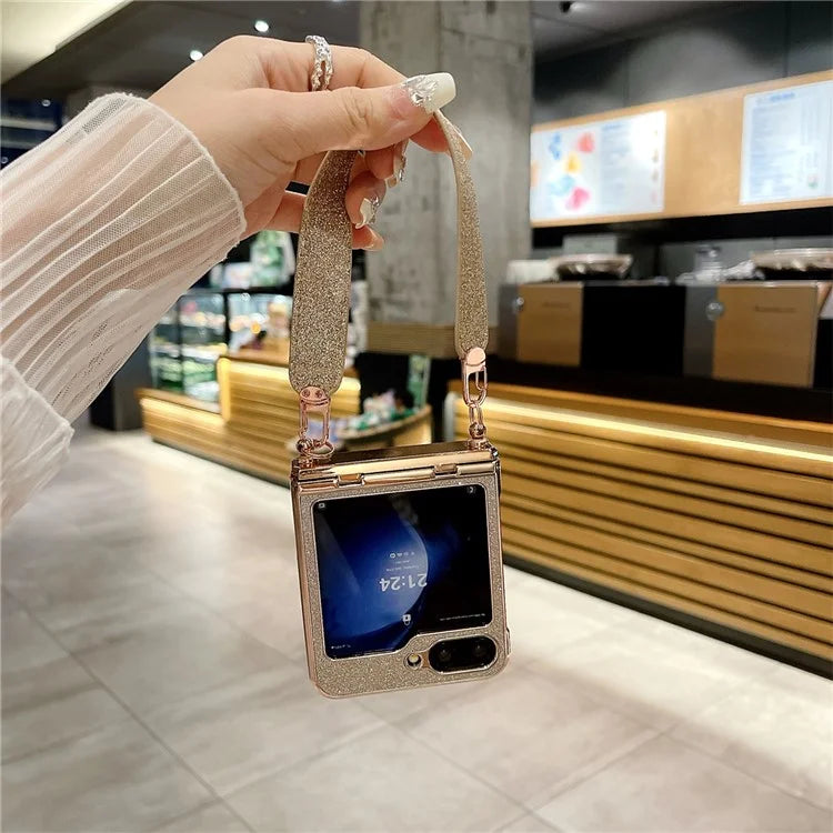 For Samsung Galaxy Z Flip5 5G / Z Flip6 5G Case Hinge Protection Hard PC Glitter Phone Cover with Wrist Strap