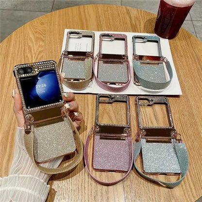 For Samsung Galaxy Z Flip5 5G / Z Flip6 5G Case Hinge Protection Hard PC Glitter Phone Cover with Wrist Strap