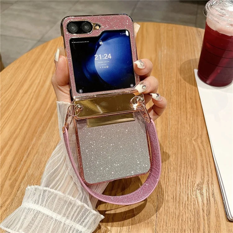 For Samsung Galaxy Z Flip5 5G / Z Flip6 5G Case Hinge Protection Hard PC Glitter Phone Cover with Wrist Strap