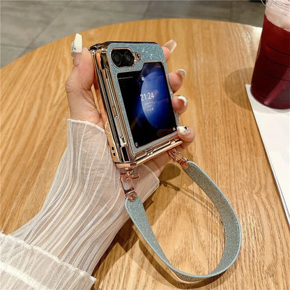 For Samsung Galaxy Z Flip5 5G / Z Flip6 5G Case Hinge Protection Hard PC Glitter Phone Cover with Wrist Strap